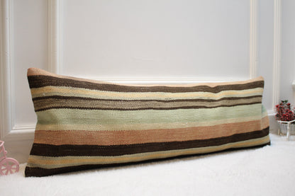 Handmade Striped Kilim Lumbar Pillow Cover: Organic Wool, 12x36 inch