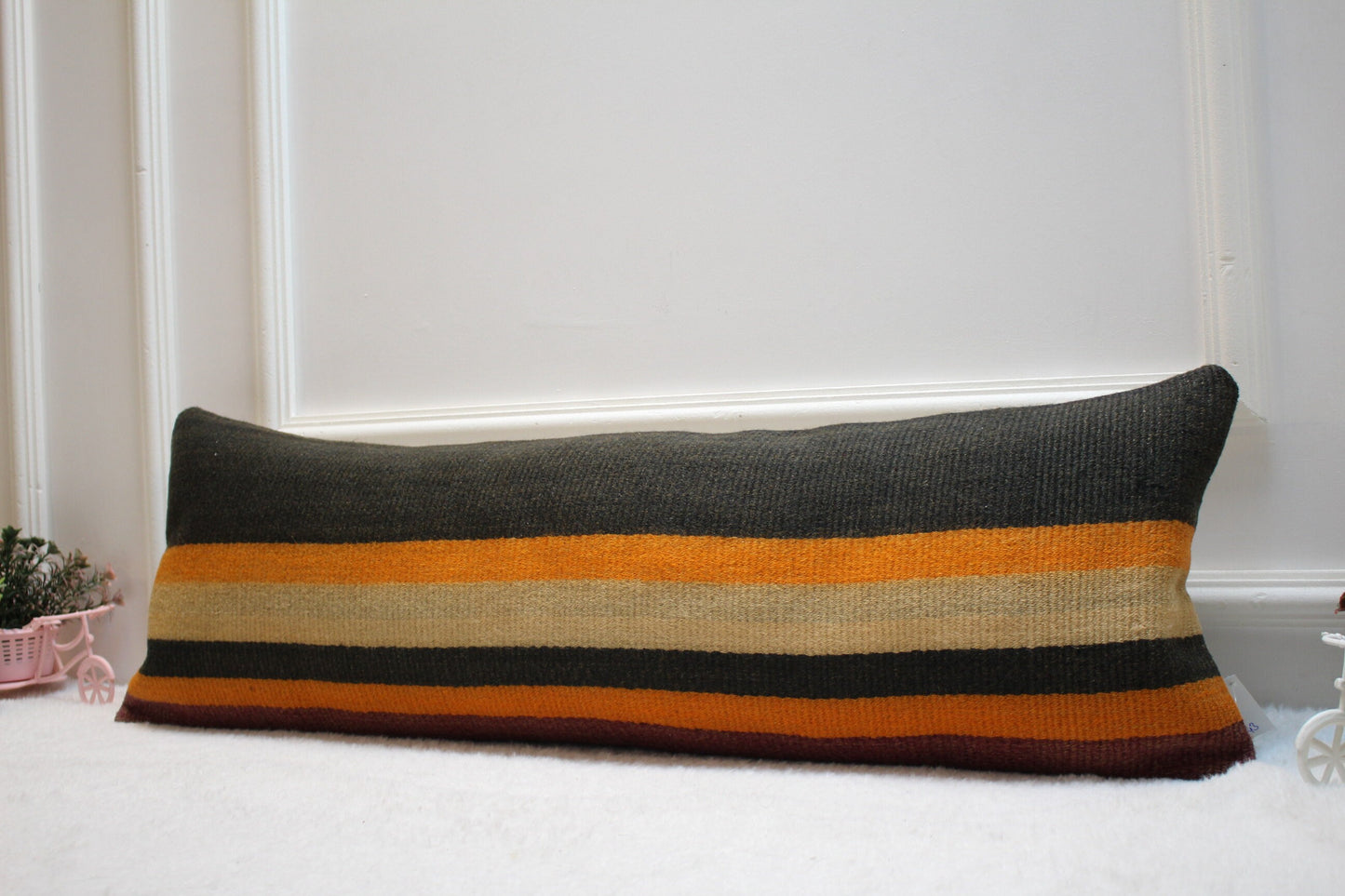 Striped Turkish Kilim Pillow: Long Lumbar Pillow Cover (12x36 in)