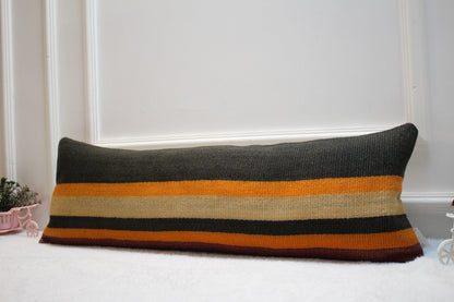 Striped Turkish Kilim Pillow: Long Lumbar Pillow Cover (12x36 in)