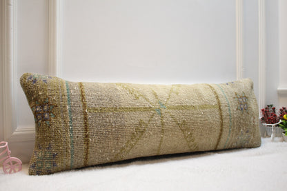 Vintage Turkish Rug Lumbar Pillow Cover: Beige Brown Woven Pillow Case (12x36 in)