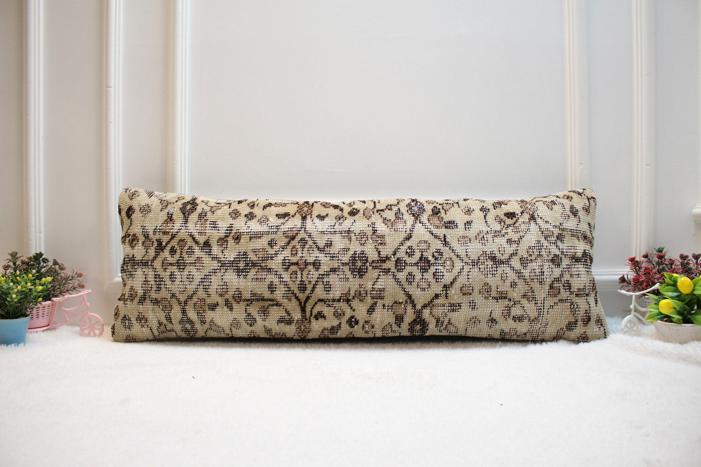 Floral Turkish Rug Lumbar Pillow Cover: Handmade Home Decor (12x36 inc)