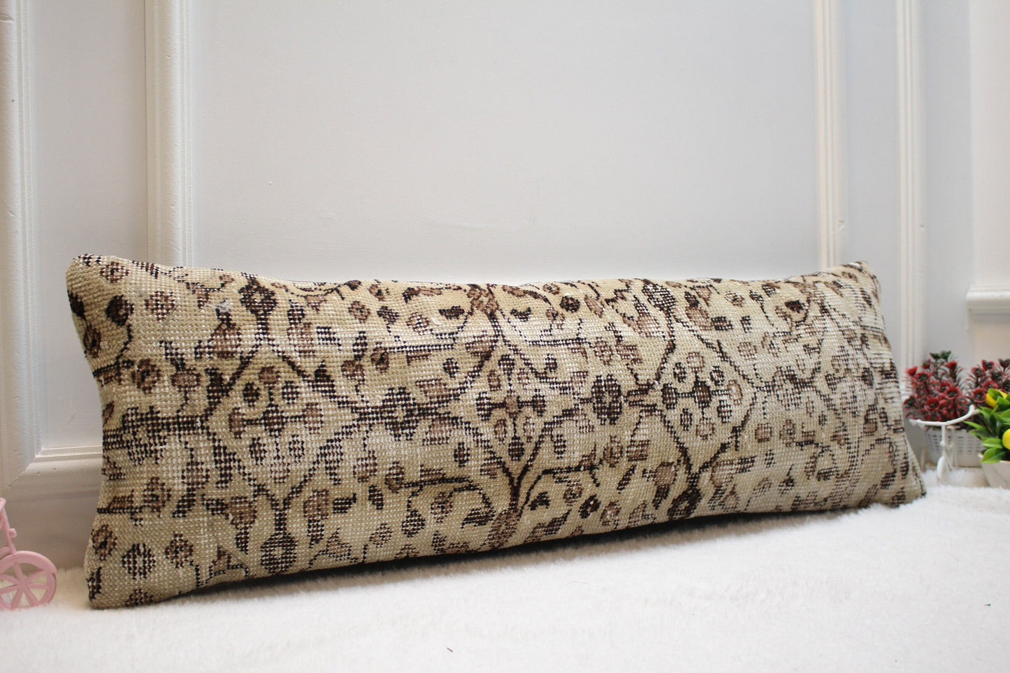 Floral Turkish Rug Lumbar Pillow Cover: Handmade Home Decor (12x36 inc)