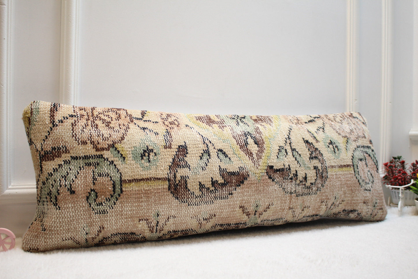 Handmade Wool Lumbar Pillow Cover: Upcycled Anatolian Rug, 12x36 inc