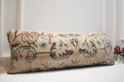 Handmade Wool Lumbar Pillow Cover: Upcycled Anatolian Rug, 12x36 inc