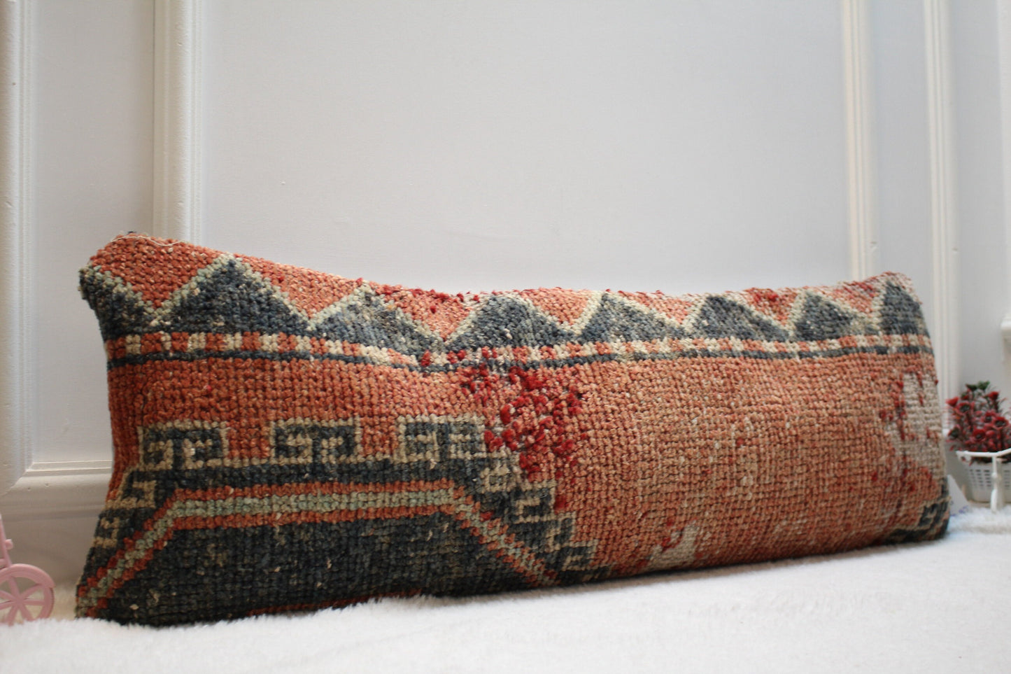 Red Lumbar Kilim Pillow Cover (12x36 in): Upcycled Woven Rug