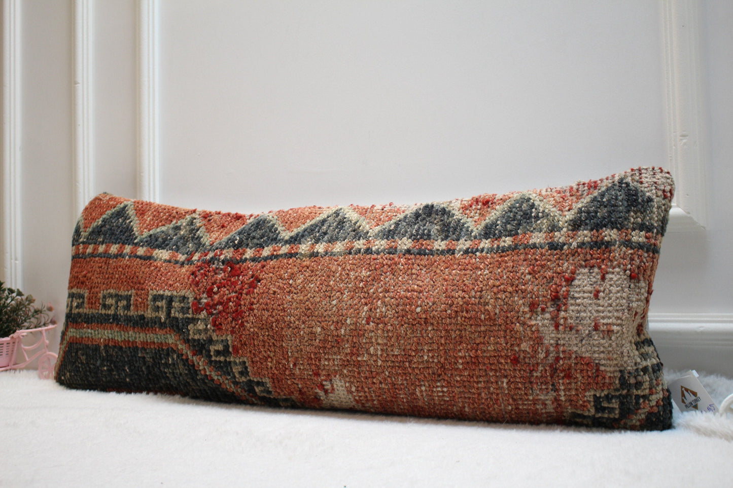 Red Lumbar Kilim Pillow Cover (12x36 in): Upcycled Woven Rug