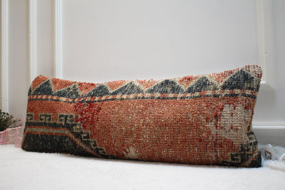 Red Lumbar Kilim Pillow Cover (12x36 in): Upcycled Woven Rug
