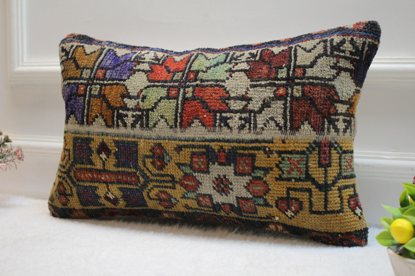 Handmade Kilim Lumbar Pillow Cover: Upcycled Woven Rug, 12x20