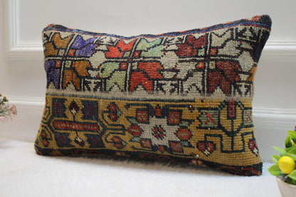 Handmade Kilim Lumbar Pillow Cover: Upcycled Woven Rug, 12x20
