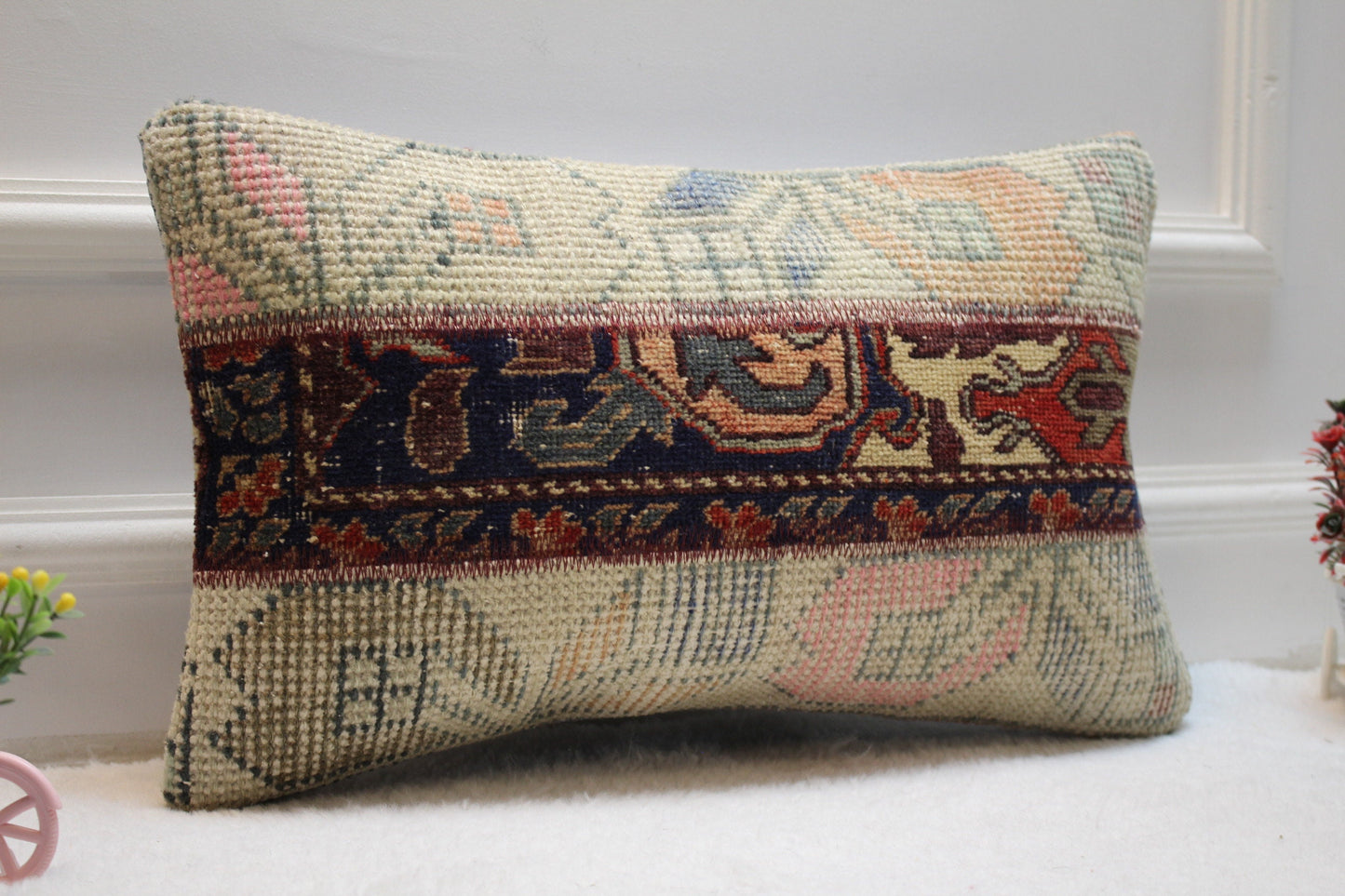 Handmade Kilim Pillow Cover: Upcycled Woven Rug, 12x20 inch