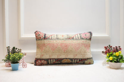 Handmade Pink Kilim Lumbar Pillow Cover: Upcycled Wool Rug, 12x20 inch