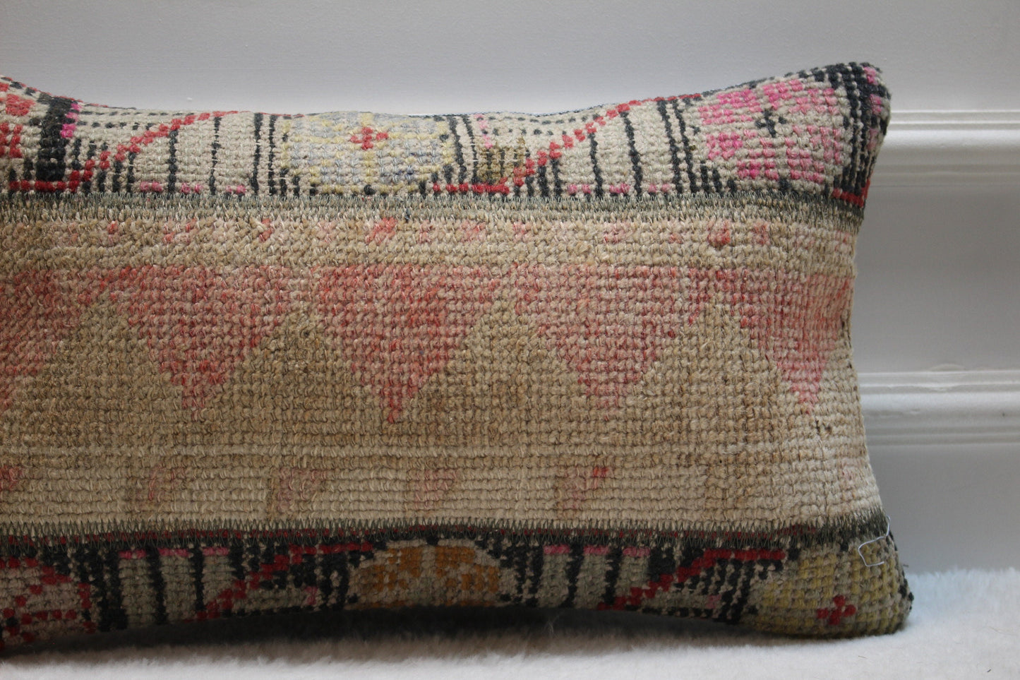 Handmade Pink Kilim Lumbar Pillow Cover: Upcycled Wool Rug, 12x20 inch