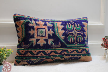 Blue Vintage Turkish Rug Lumbar Pillow Cover: Boho Wool Pillow (12x20 in)