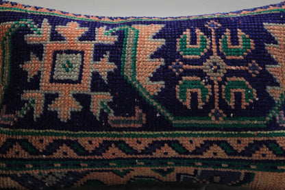 Blue Vintage Turkish Rug Lumbar Pillow Cover: Boho Wool Pillow (12x20 in)