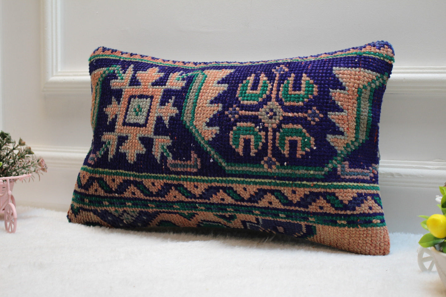 Blue Vintage Turkish Rug Lumbar Pillow Cover: Boho Wool Pillow (12x20 in)