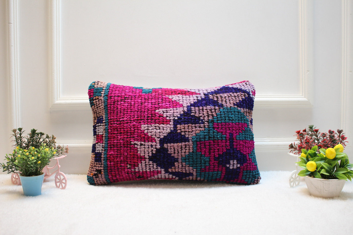 Handmade Kilim Lumbar Pillow Cover: Pink Vintage Rug, 12x20 inc