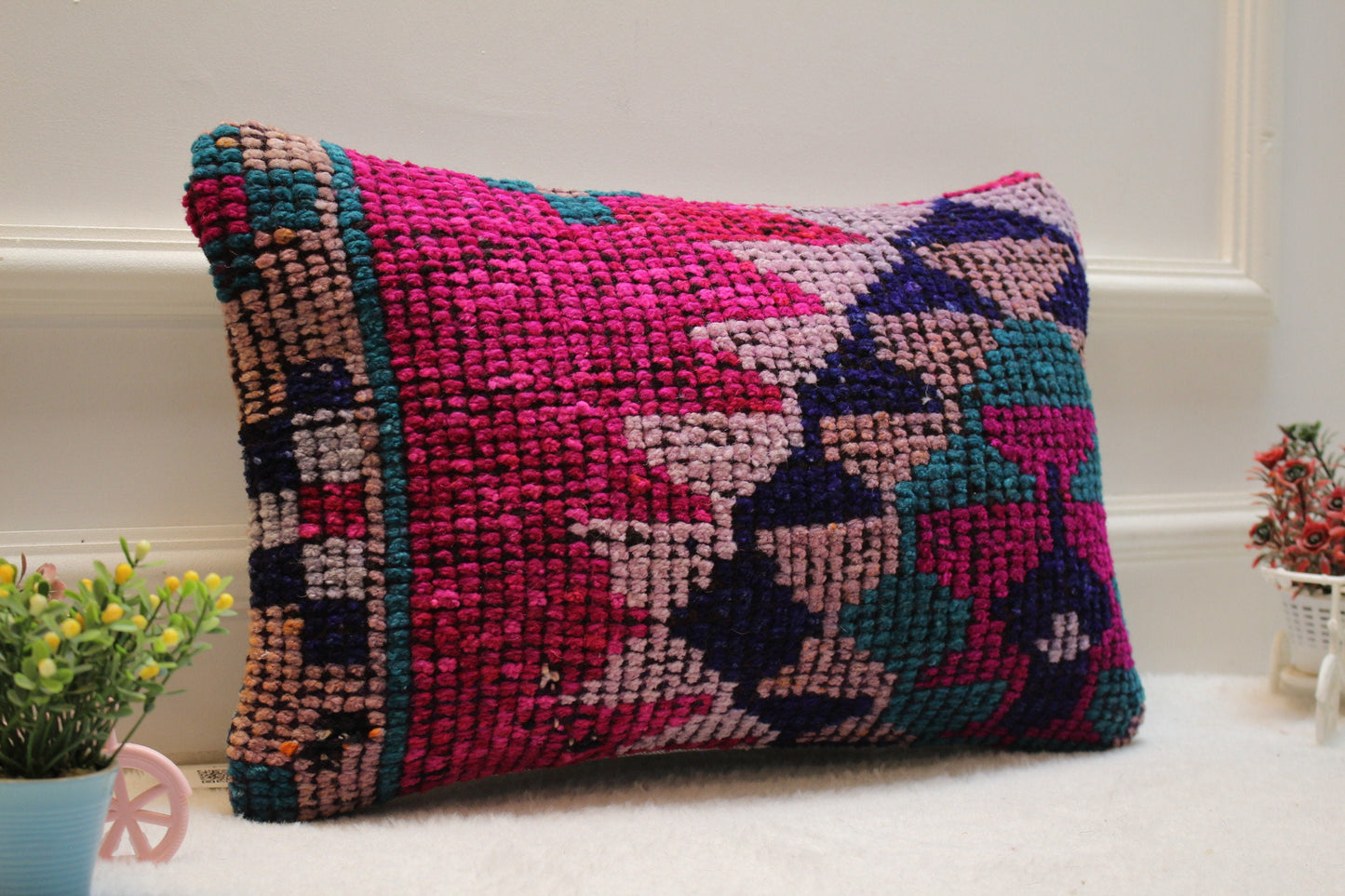 Handmade Kilim Lumbar Pillow Cover: Pink Vintage Rug, 12x20 inc