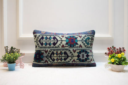 Handmade Kilim Lumbar Pillow Cover: Upcycled Vintage Rug, 12x20 inch
