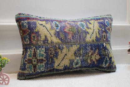 Vintage Floral Rug Pillow Cover: Organic Wool Lumbar Pillow, 12x20 inch