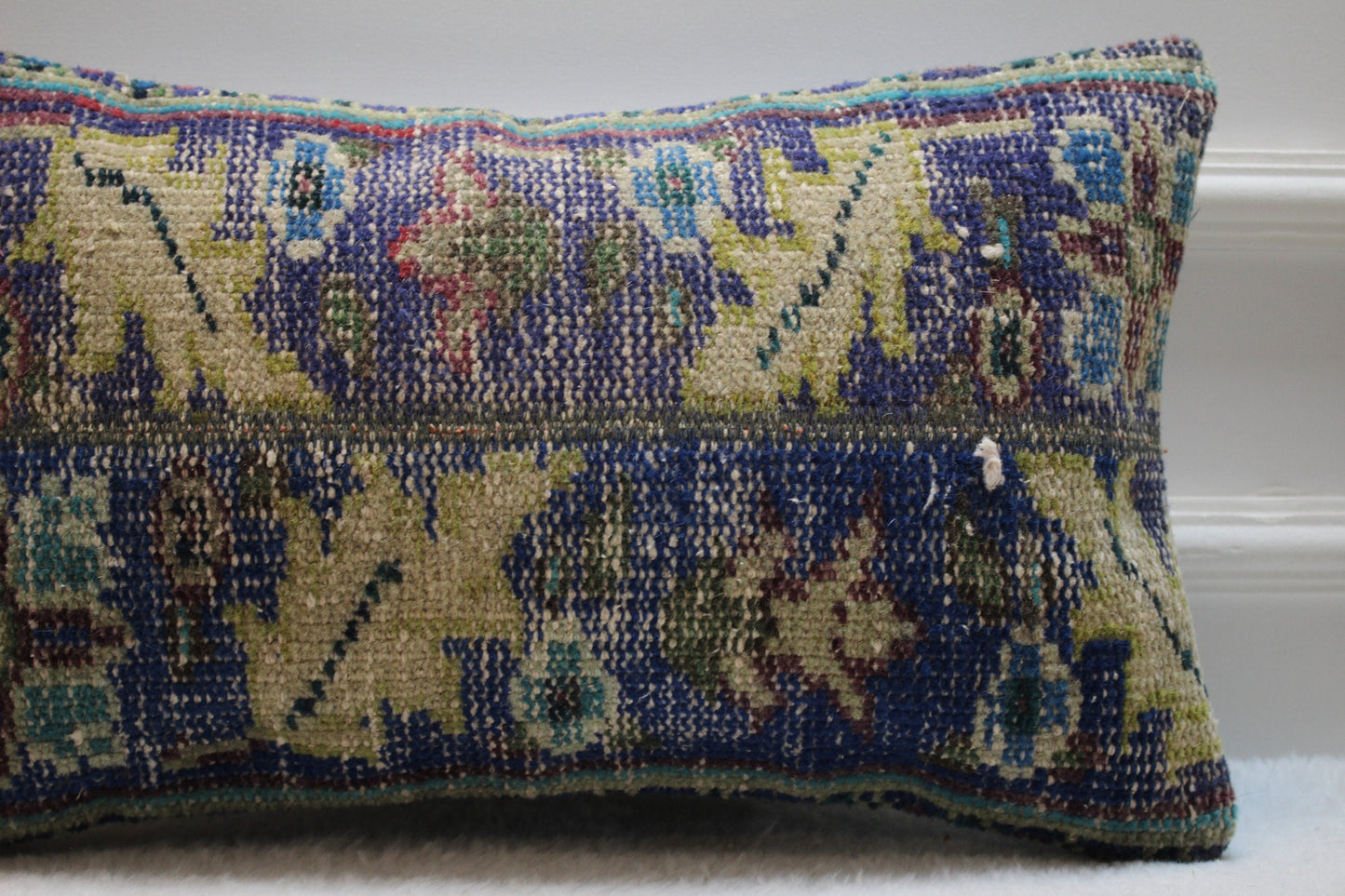 Vintage Floral Rug Pillow Cover: Organic Wool Lumbar Pillow, 12x20 inch
