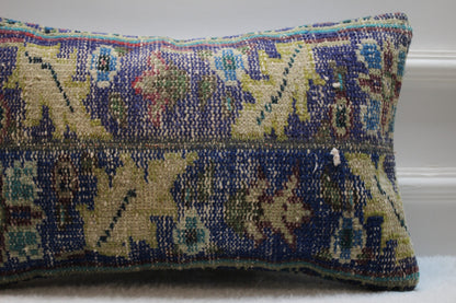 Vintage Floral Rug Pillow Cover: Organic Wool Lumbar Pillow, 12x20 inch