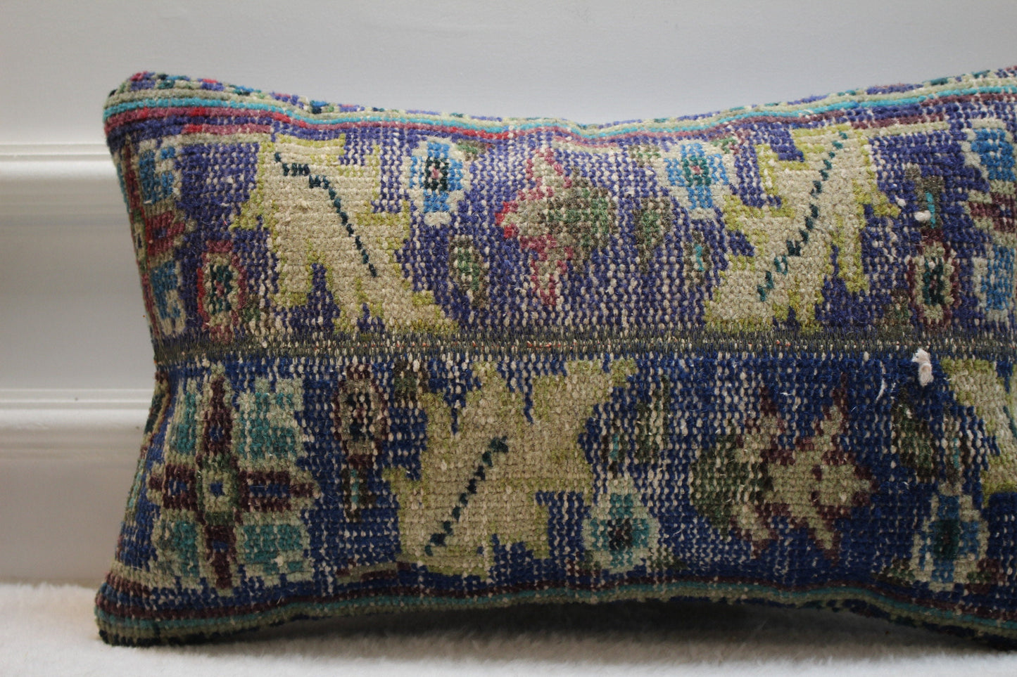 Vintage Floral Rug Pillow Cover: Organic Wool Lumbar Pillow, 12x20 inch