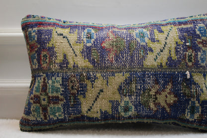 Vintage Floral Rug Pillow Cover: Organic Wool Lumbar Pillow, 12x20 inch