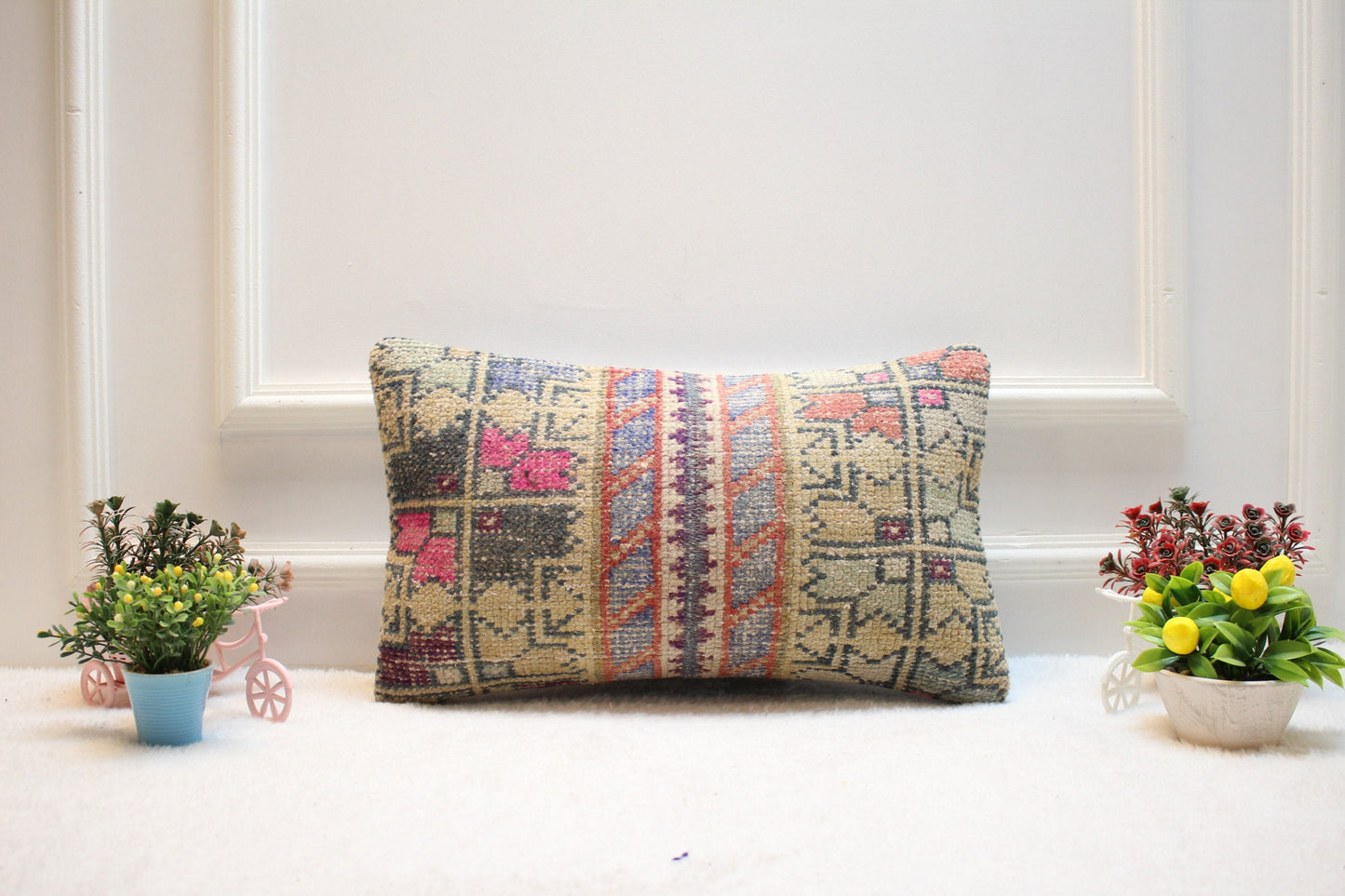 Handmade Turkish Rug Lumbar Pillow: Organic Wool Throw Pillow Case (12x20 inc)