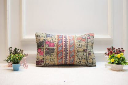 Handmade Turkish Rug Lumbar Pillow: Organic Wool Throw Pillow Case (12x20 inc)