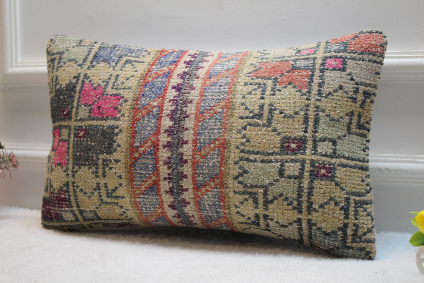 Handmade Turkish Rug Lumbar Pillow: Organic Wool Throw Pillow Case (12x20 inc)