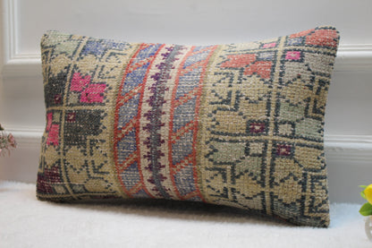 Handmade Turkish Rug Lumbar Pillow: Organic Wool Throw Pillow Case (12x20 inc)
