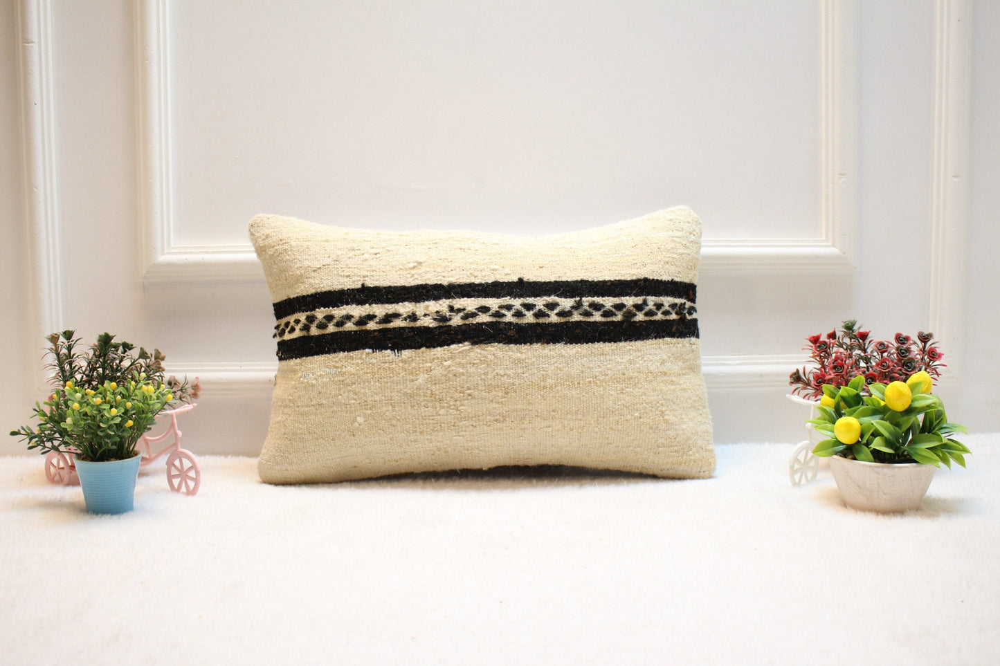 Handmade Kilim Pillow Cover: Upcycled Woven Rug, White & Black (12x20 in)