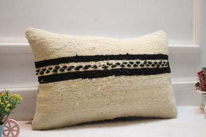 Handmade Kilim Pillow Cover: Upcycled Woven Rug, White & Black (12x20 in)