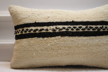 Handmade Kilim Pillow Cover: Upcycled Woven Rug, White & Black (12x20 in)