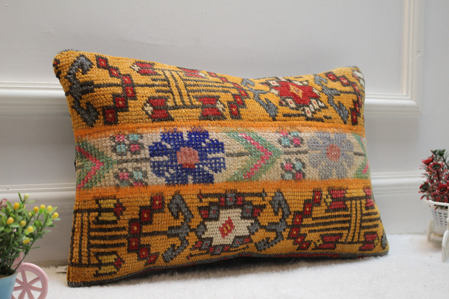 Handmade Turkish Rug Lumbar Pillow Cover: Organic Wool, Bohemian Decor (12x20 inc.)