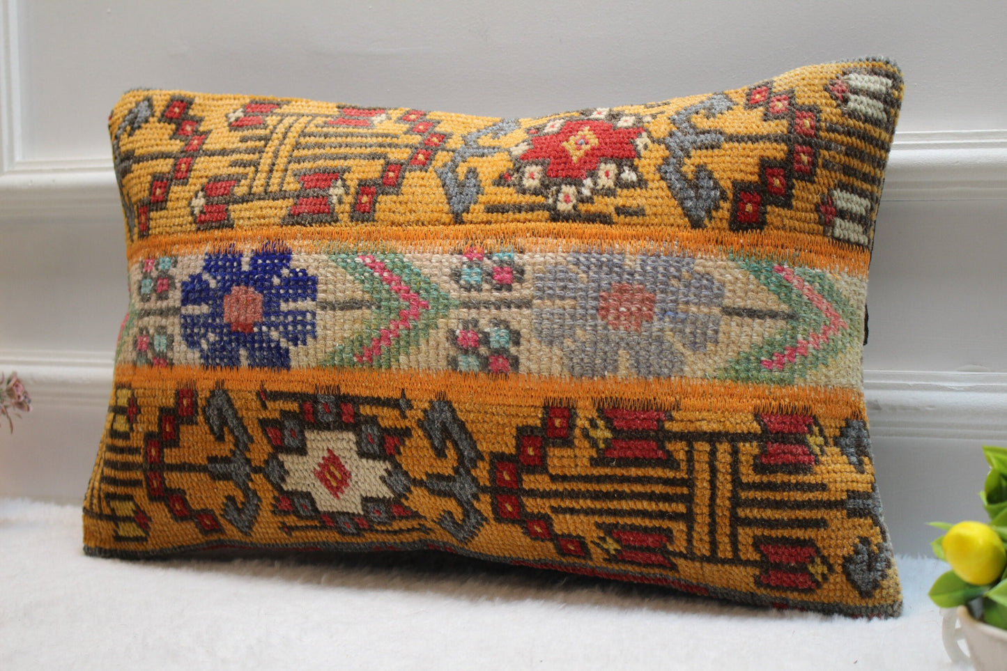 Handmade Turkish Rug Lumbar Pillow Cover: Organic Wool, Bohemian Decor (12x20 inc.)