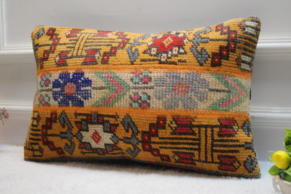 Handmade Turkish Rug Lumbar Pillow Cover: Organic Wool, Bohemian Decor (12x20 inc.)