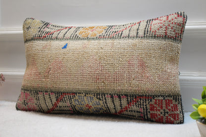 Handmade Kilim Pillow Cover: Organic Wool, Bohemian Decor (12x20 inc)
