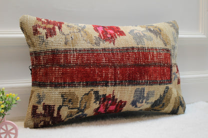 Handmade Red Turkish Rug Pillow Cover: Patchwork Wool Lumbar Pillow (12x20 in)