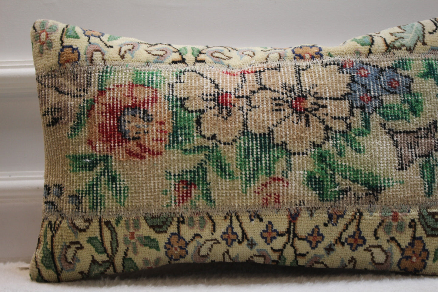 Floral Turkish Rug Lumbar Pillow Cover: Handmade Organic Wool, 12x20