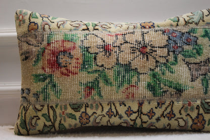 Floral Turkish Rug Lumbar Pillow Cover: Handmade Organic Wool, 12x20