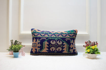Handmade Turkish Rug Lumbar Pillow Cover: Vintage Wool, 12x20 inch
