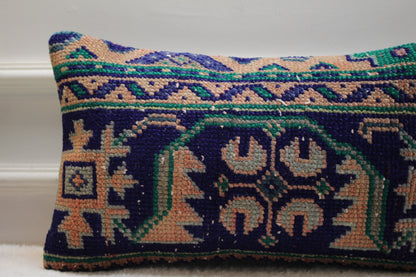 Handmade Turkish Rug Lumbar Pillow Cover: Vintage Wool, 12x20 inch