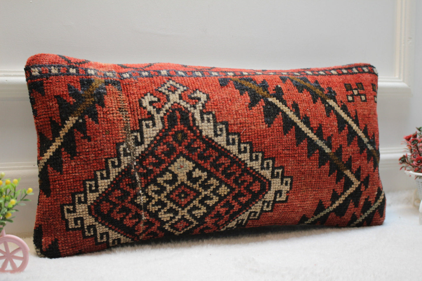 Geometric Turkish Rug Pillow Cover: Handmade Wool Lumbar Pillow (12x24 in)
