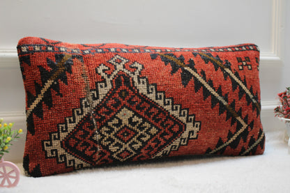 Geometric Turkish Rug Pillow Cover: Handmade Wool Lumbar Pillow (12x24 in)