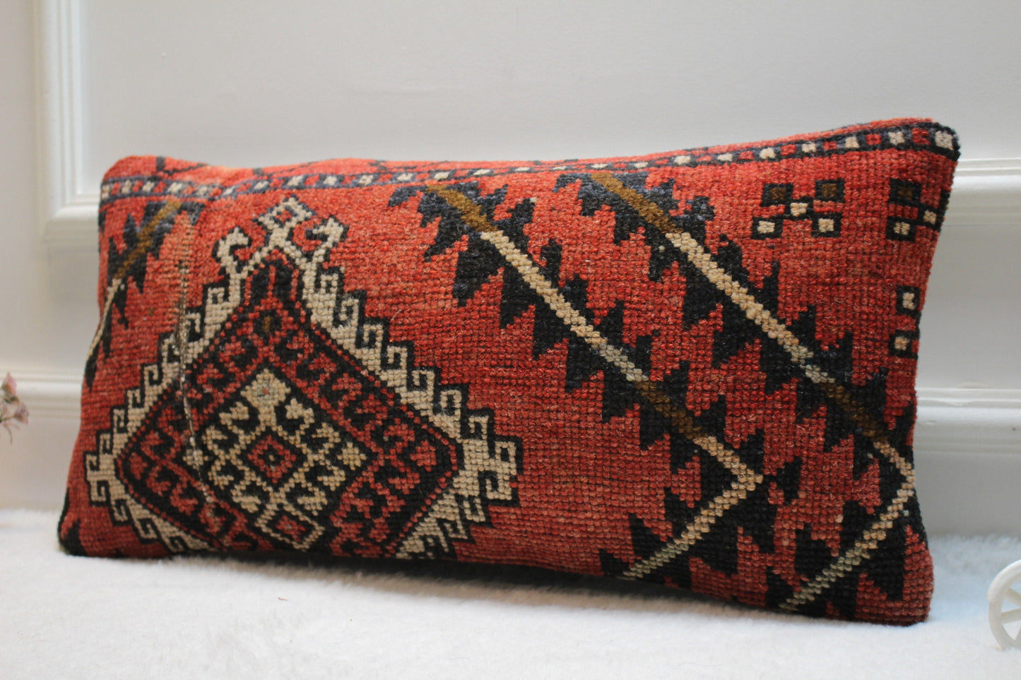 Geometric Turkish Rug Pillow Cover: Handmade Wool Lumbar Pillow (12x24 in)