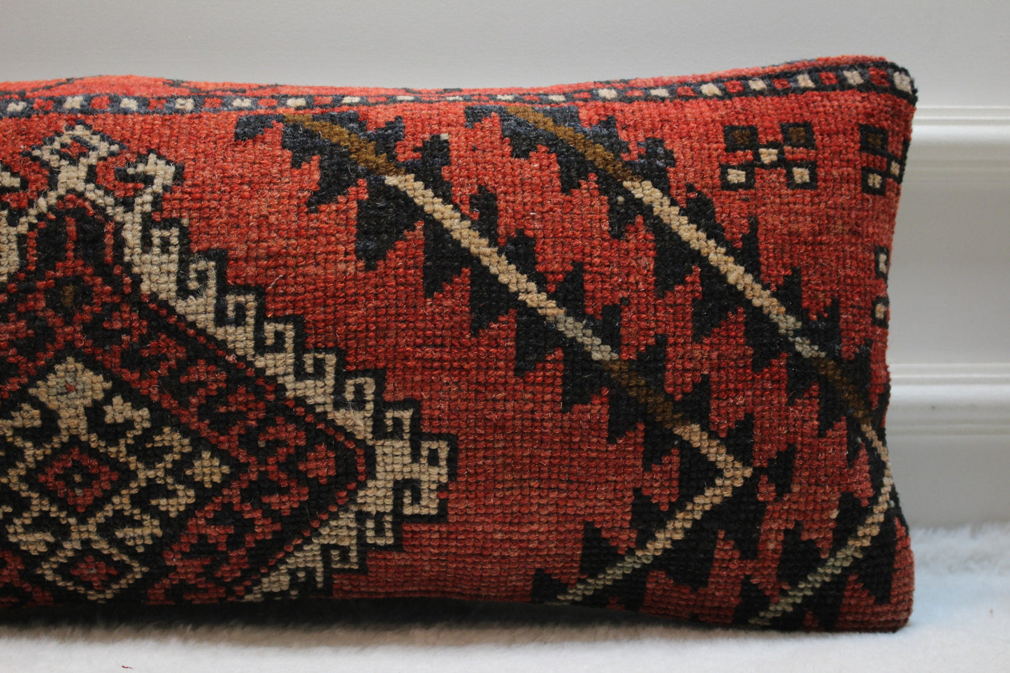 Geometric Turkish Rug Pillow Cover: Handmade Wool Lumbar Pillow (12x24 in)