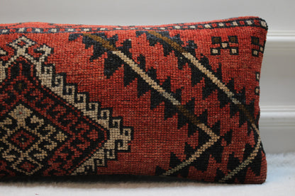 Geometric Turkish Rug Pillow Cover: Handmade Wool Lumbar Pillow (12x24 in)