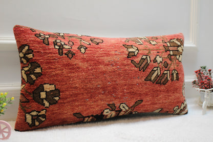 Handmade Kilim Lumbar Pillow Cover: Organic Wool Turkish Rug (12x24 in)