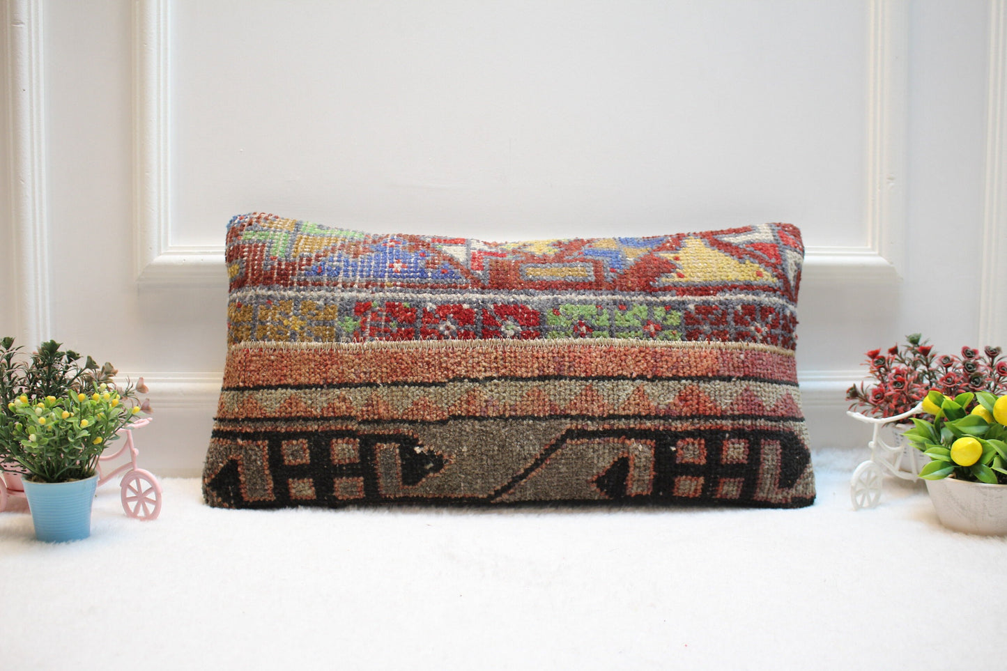 Rainbow Turkish Rug Pillow Cover: Vintage Wool Lumbar Pillow, 12x24 inch